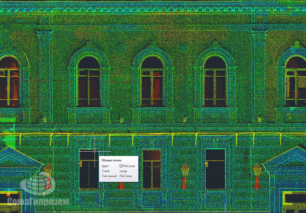 Фрагмент облака точек 3D сканирования уличного фасада здания МАРХИ