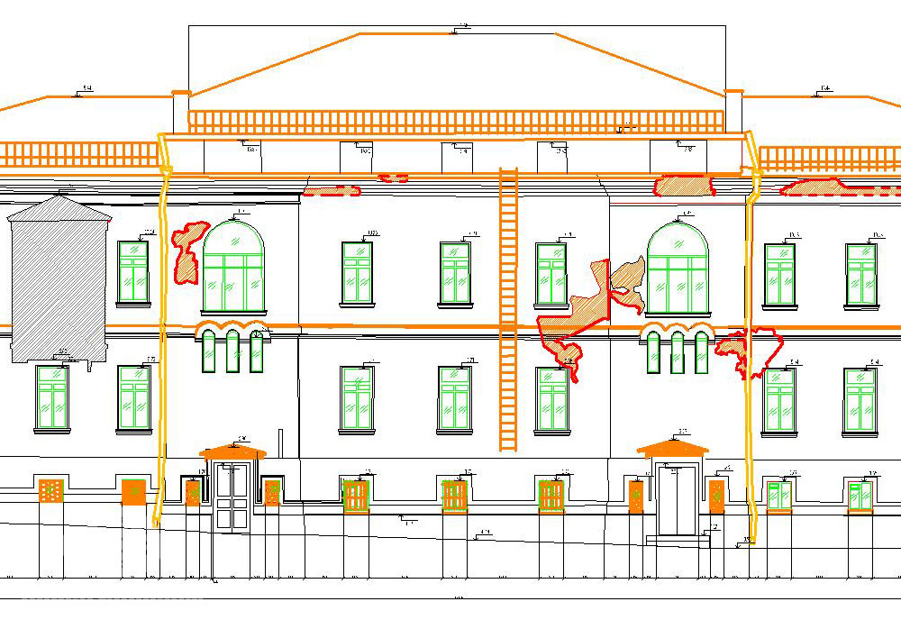Чертёж фасада здания МАрхИ, созданный по материалам 3D сканирования